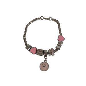 Pink Princess Crown Charm Silver Toned Spiga Chain Hearts and Flowers Bracelet